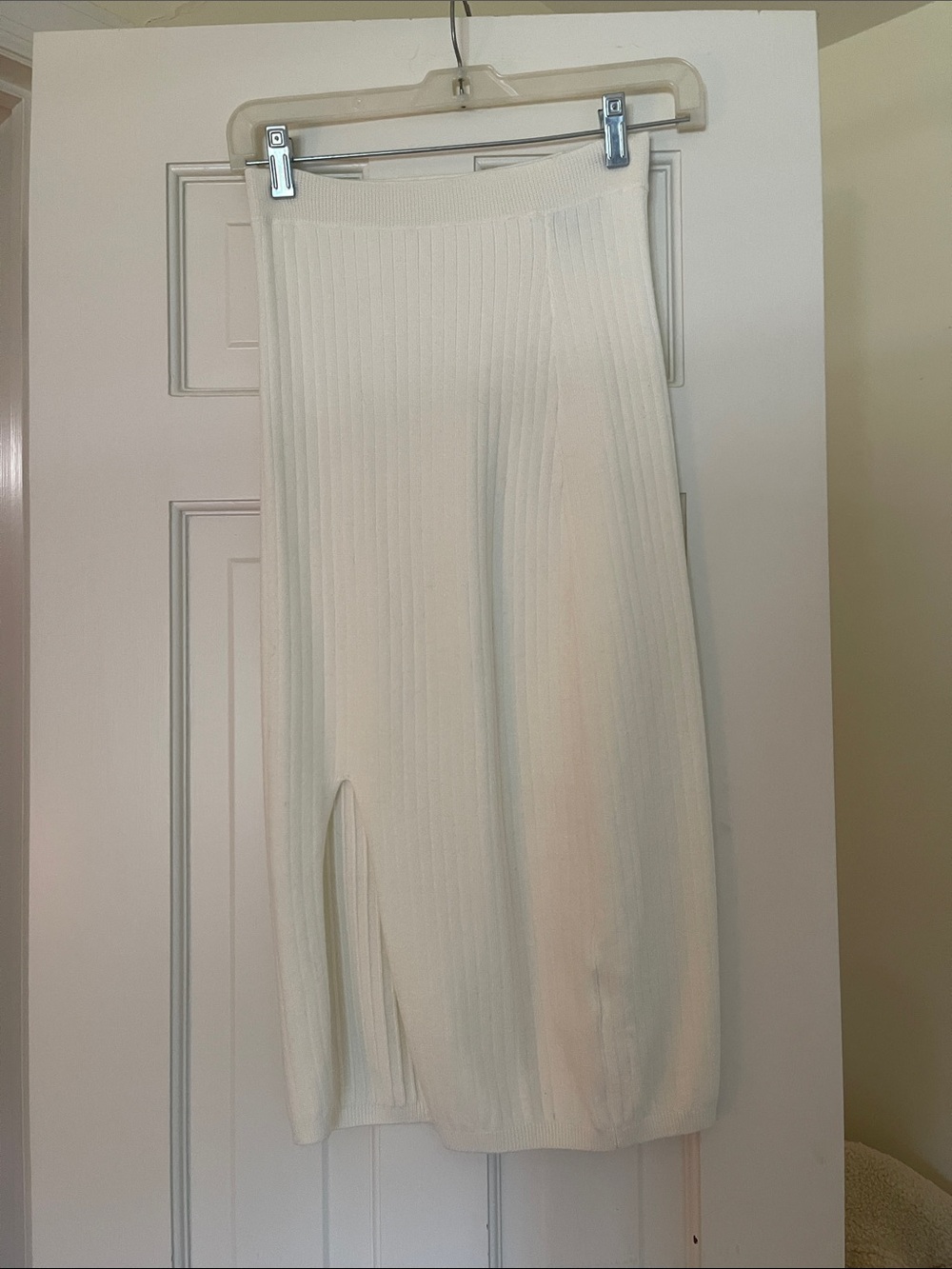Cream Ribbed Midi Skirt with Side Slit